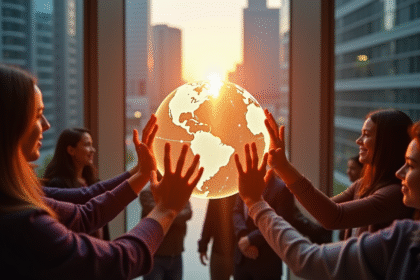 Groupe divers uni autour d'un globe digital lumineux symbolisant l'unite et la technologie