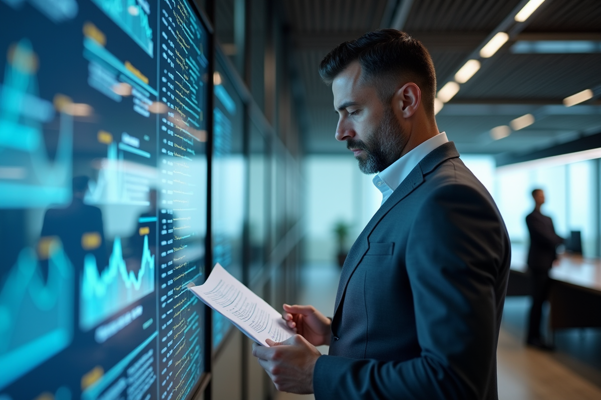 Homme en costume analysant un affichage de données complexes