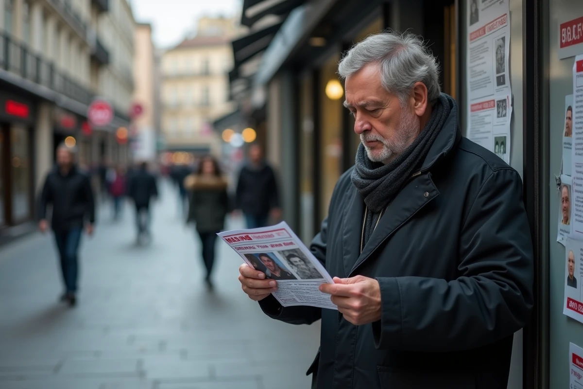 Homme regardant une affiche de personne disparue dans la ville