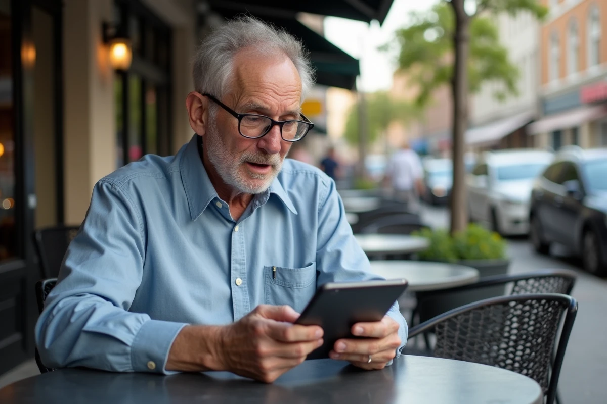 Homme âgé utilisant une tablette dans un café en extérieur