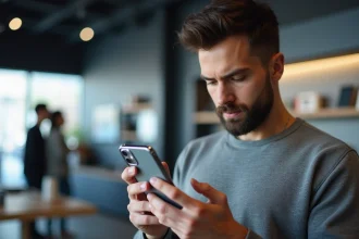 Homme analysant un iPhone 16 dans un magasin d'électronique, réfléchissant à la baisse de prix selon les caractéristiques