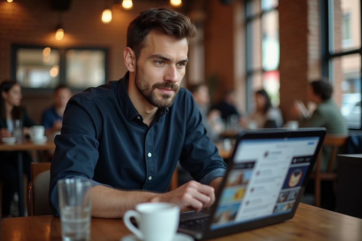 Homme analysant un profil Instagram sur son ordinateur portable dans un café urbain