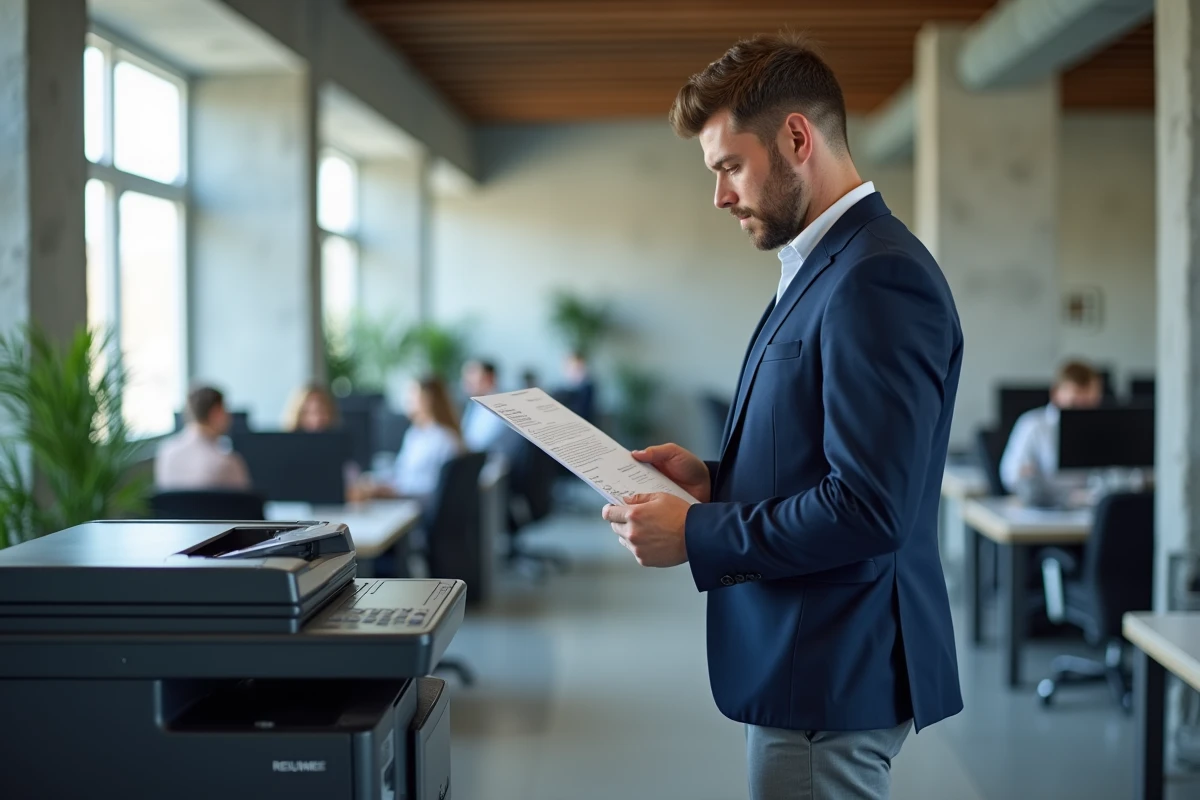 Homme en blazer tenant un CV imprimé A4 près d'une imprimante dans un bureau moderne