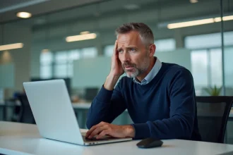 Homme d'âge moyen au bureau regardant son écran d'ordinateur