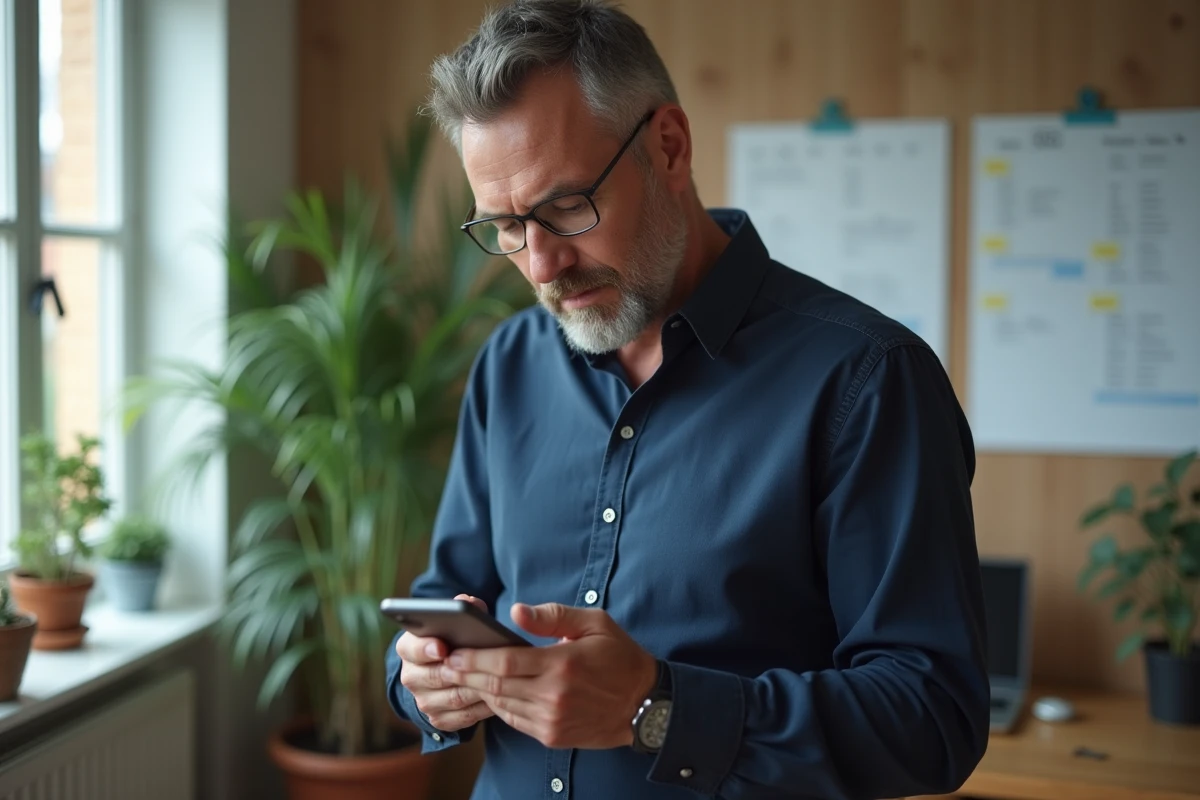 Homme en configuration d’un iPhone dans un bureau à domicile