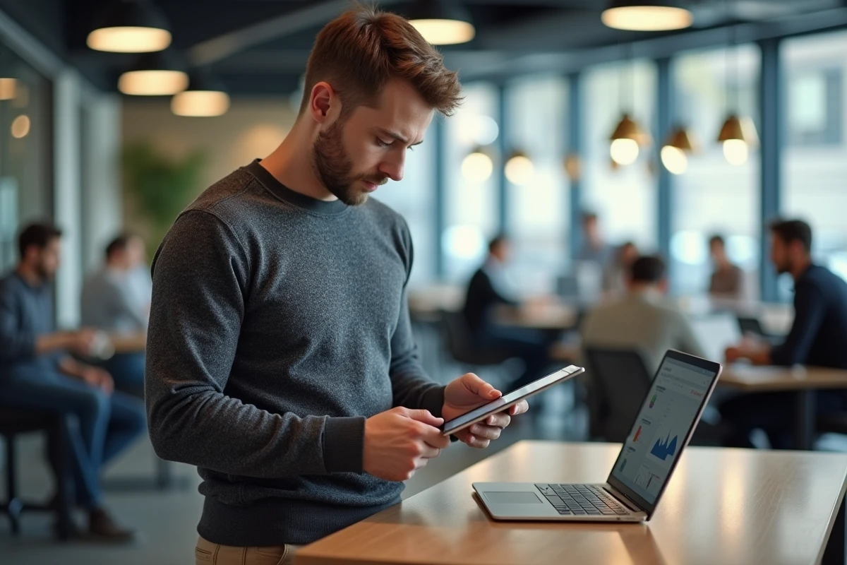 Homme en coworking urbain comparant des données sur tablette