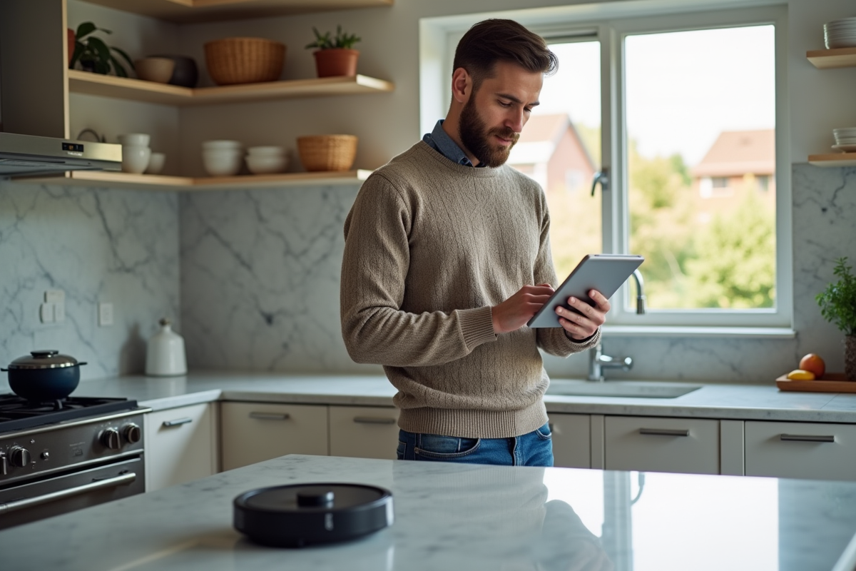 Homme utilisant tablette pour automatiser tâches domestiques