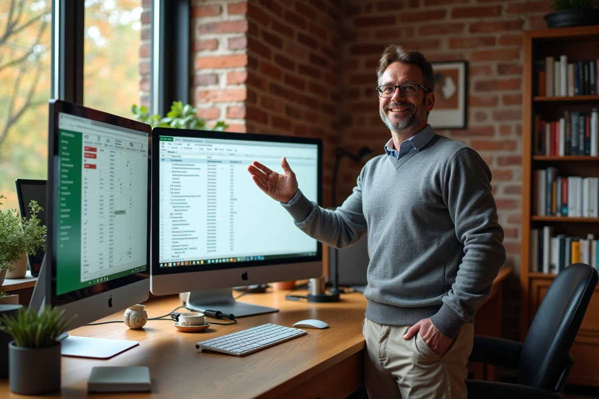 Homme montrant la migration de données sur un grand écran