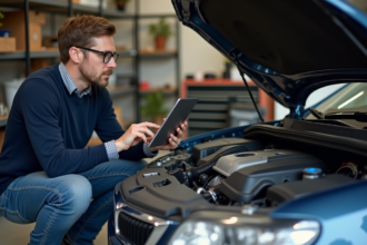 Homme moyenâgeux examinant le moteur de voiture avec tablette