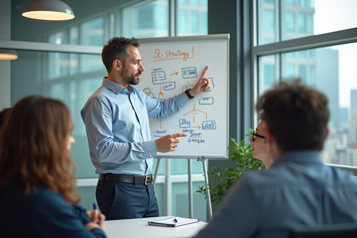 Homme discutant stratégie SEO devant un tableau blanc dans un bureau moderne