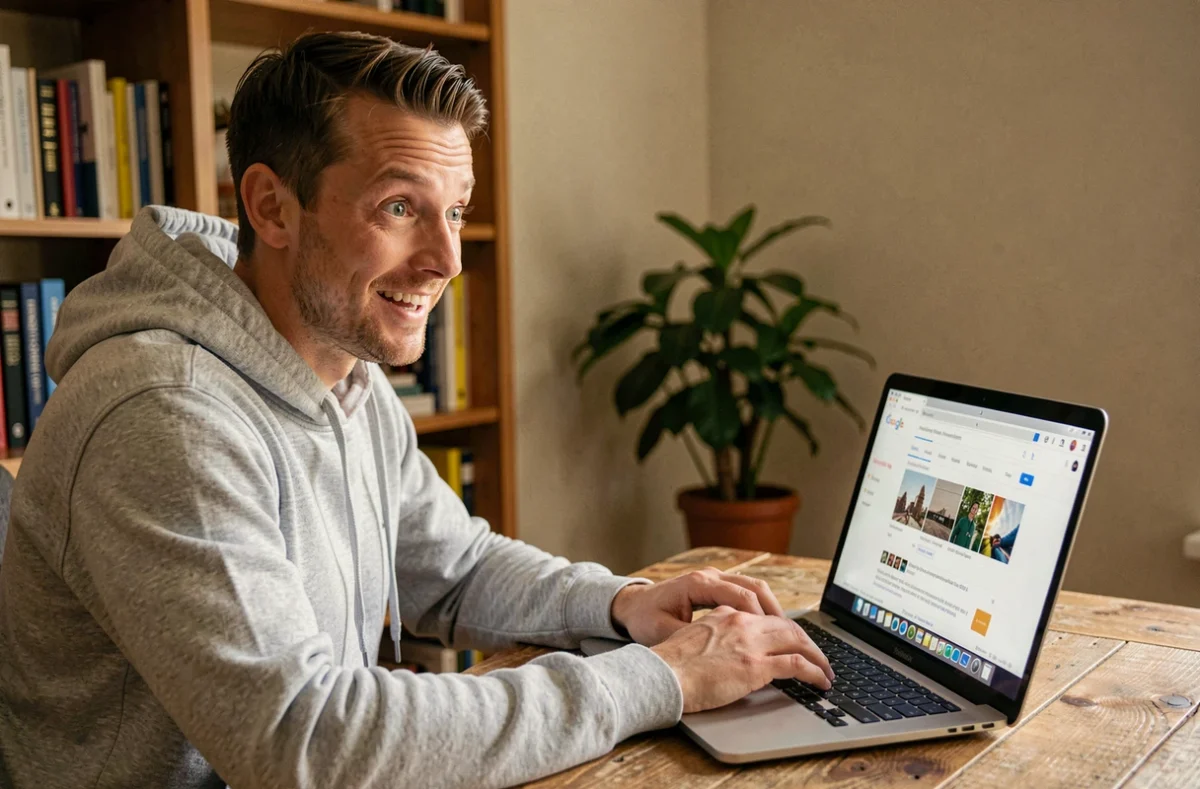 Homme surpris regardant un effet Do a Barrel Roll sur son ordinateur portable dans un bureau à domicile