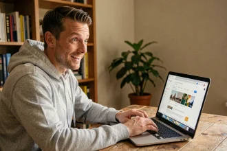 Homme surpris regardant un effet Do a Barrel Roll sur son ordinateur portable dans un bureau à domicile