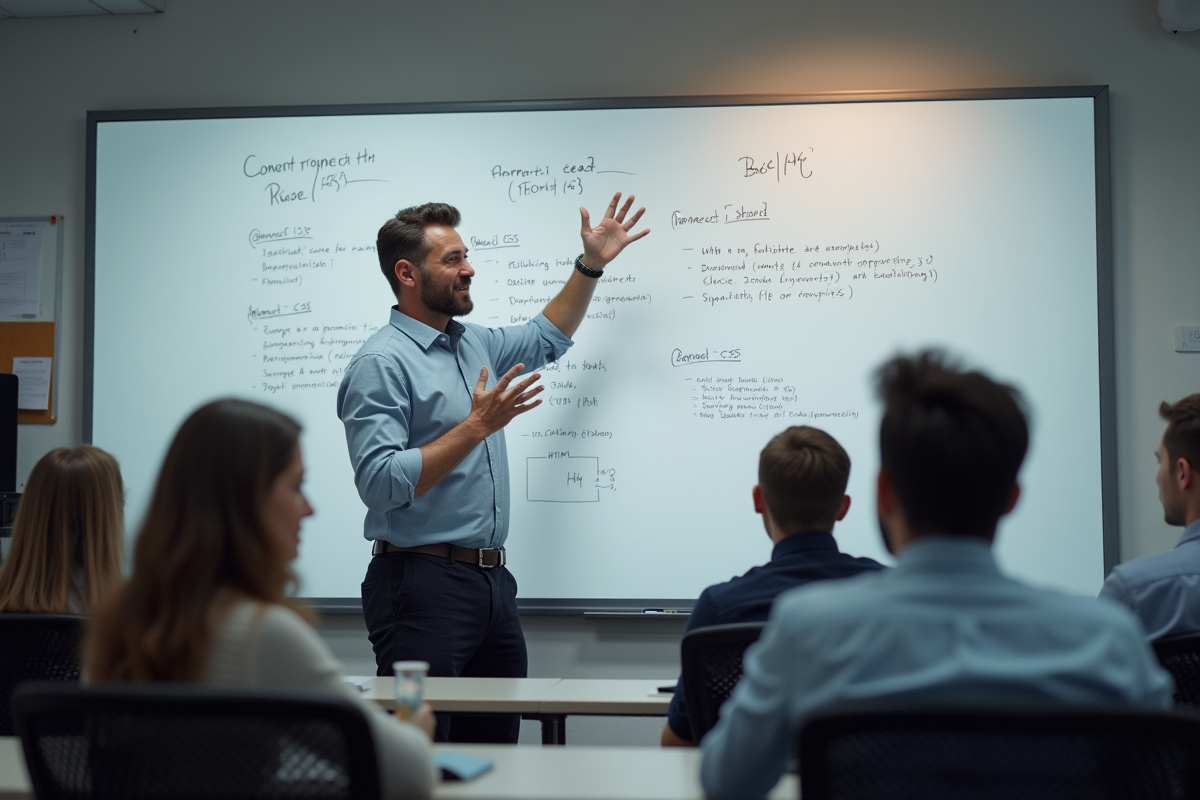 Homme en formation expliquant HTML et CSS devant un tableau blanc
