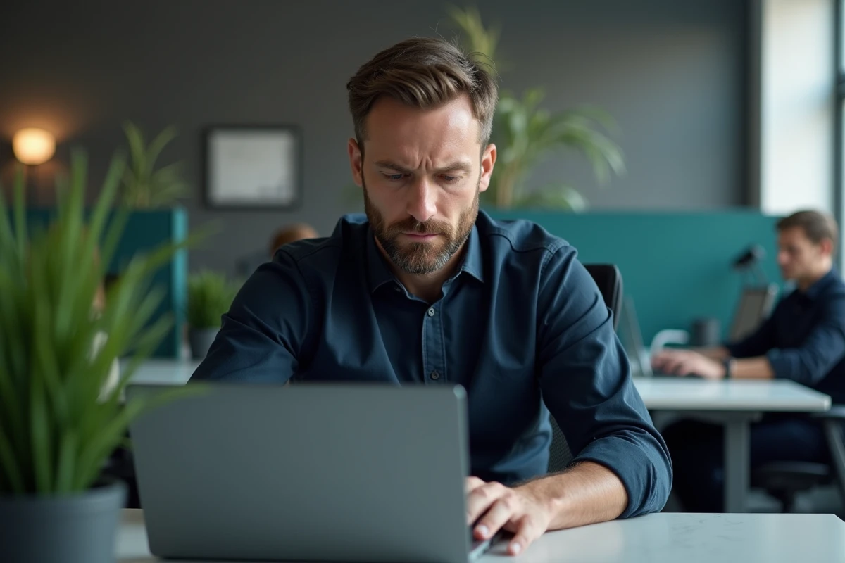 Homme en open space faisant une erreur lors d'un test de frappe au clavier sur son ordinateur portable
