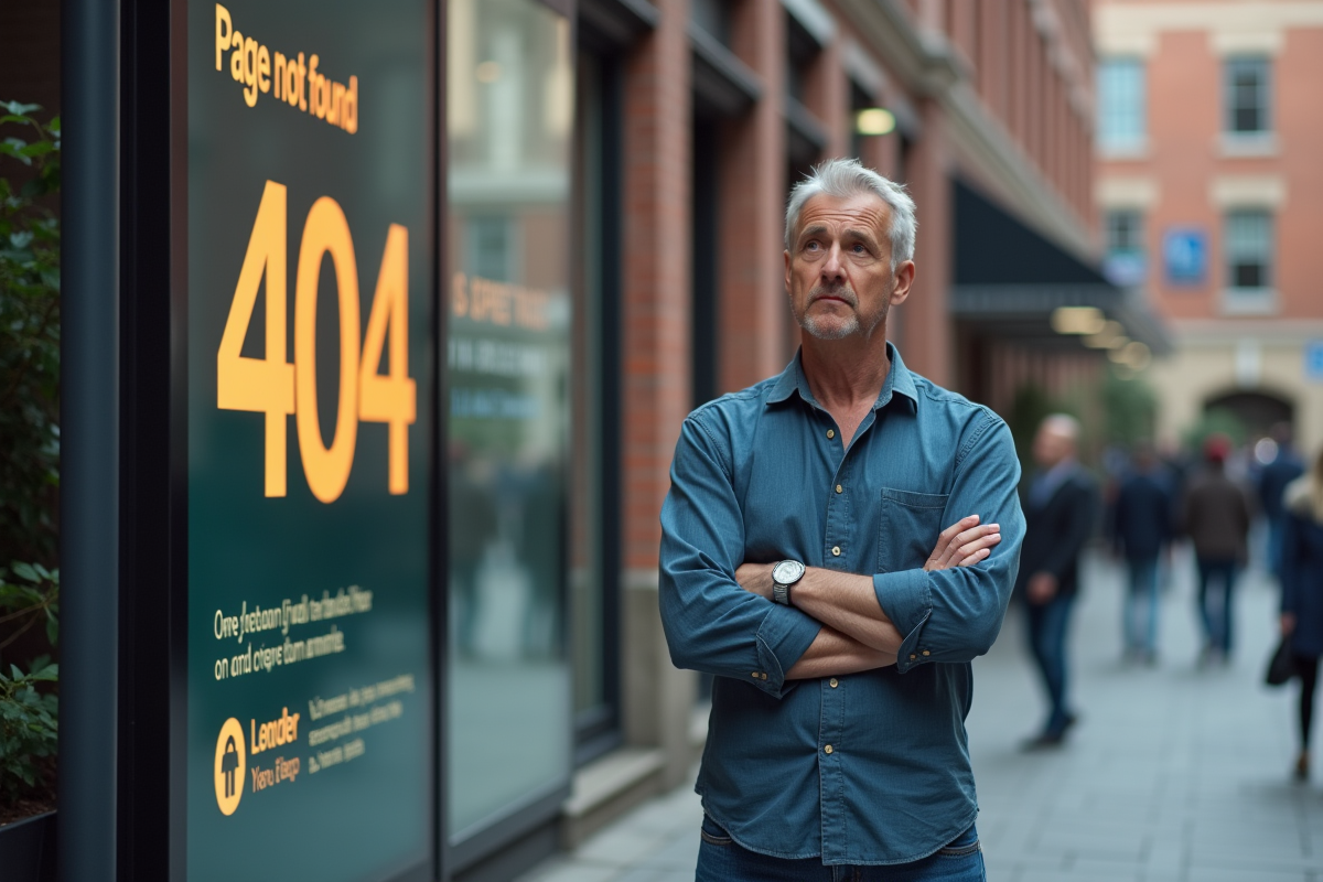 Homme dehors face à un affichage erreur 404 urbain