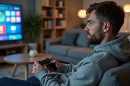 Homme parcourant les nouveaux jeux Games Prime du mois sur sa télévision depuis son salon