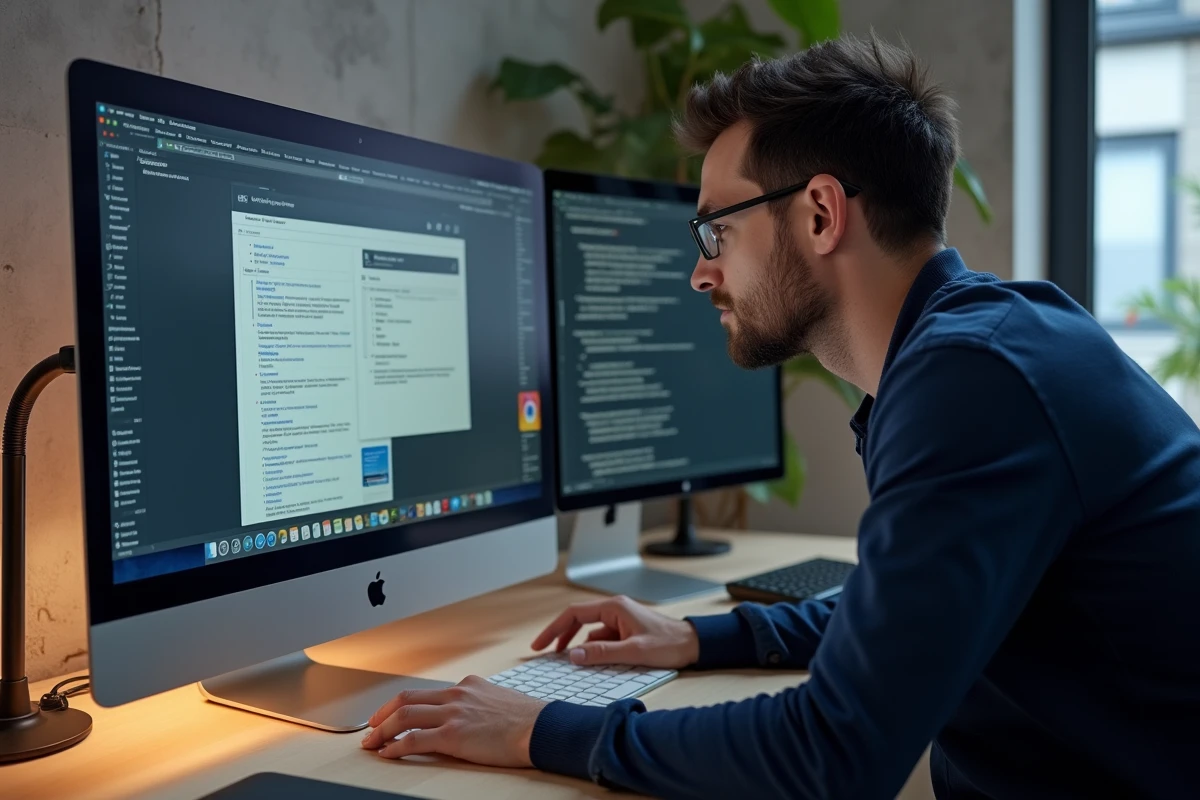Homme consultant un tutoriel de compatibilité Silverlight sur iMac avec configuration double écran