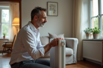 Homme d'âge moyen inspectant un radiateur électrique dans un salon moderne