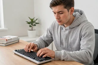 Jeune homme inspectant un clavier QZERTY compact posé sur un bureau en bois dans un bureau à domicile épuré