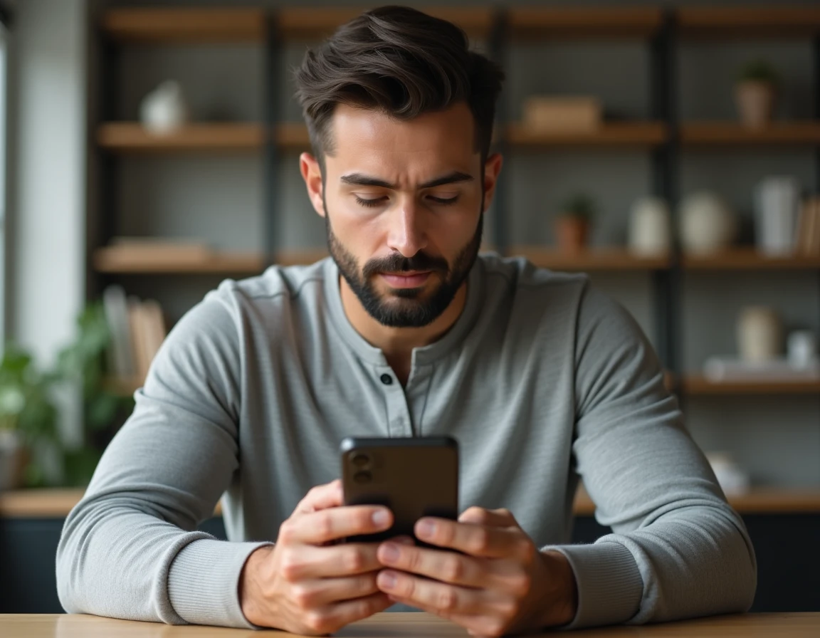 Homme inspectant un iPhone 12 reconditionné sur un bureau en bois minimaliste