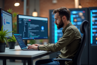 Homme barbu travaillant sur un dashboard Kubernetes en bureau