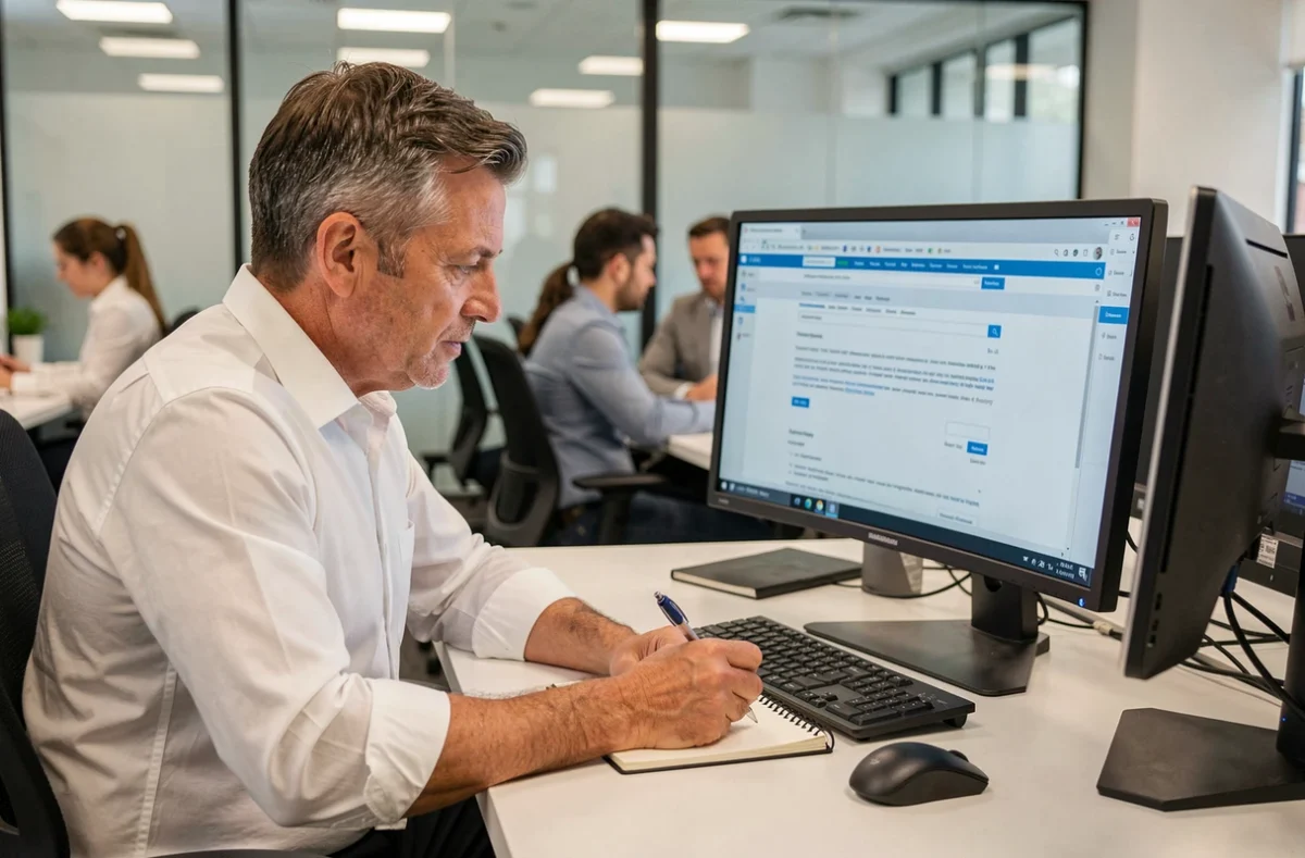 Homme en bureau professionnel lisant un email de récupération de mot de passe webmail sur son ordinateur