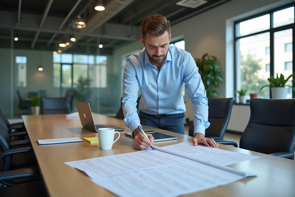 Jeune homme en réunion examinant un document imprimé