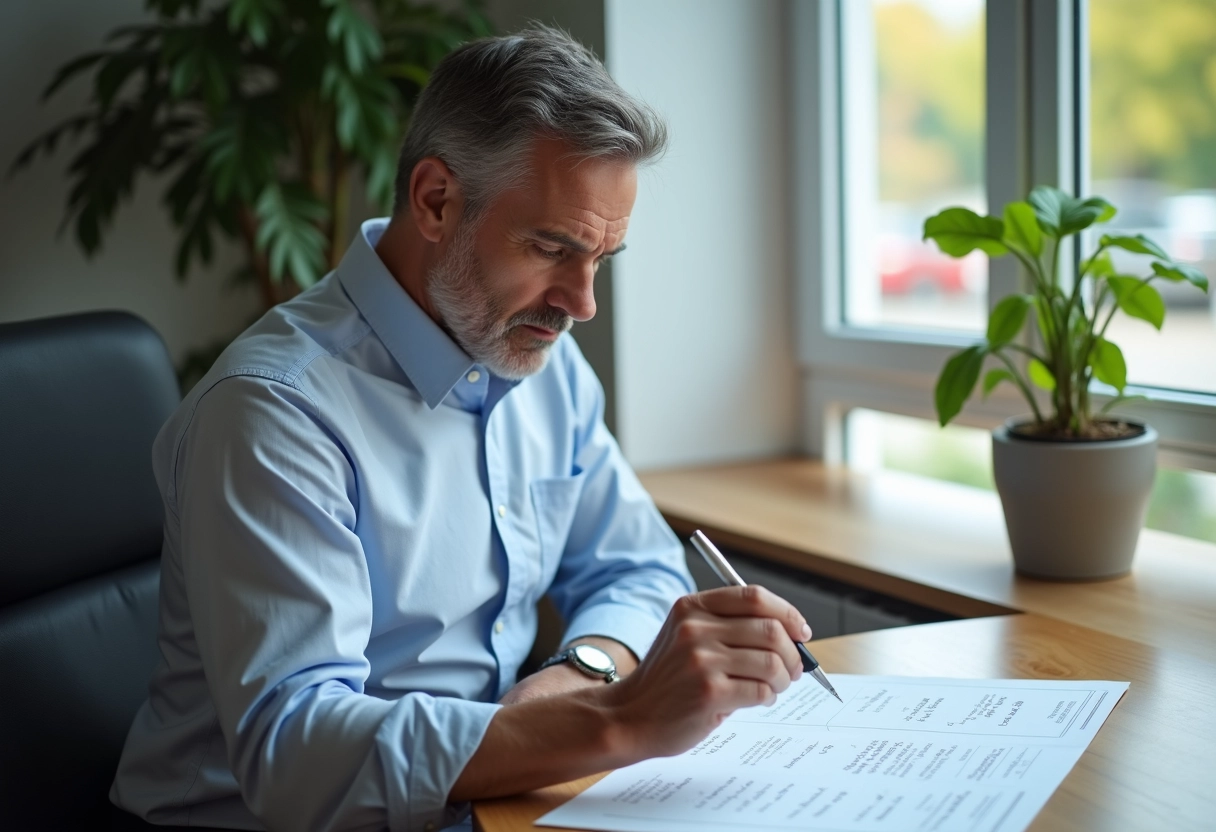 Homme d age révisant des feuilles Excel avec notes manuscrites