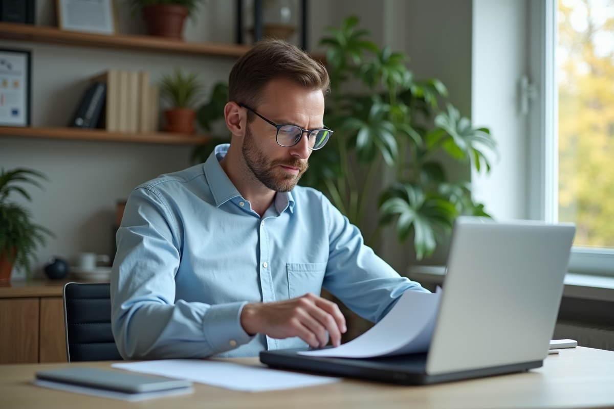 Homme d'âge moyen utilisant un scanner à plat dans un bureau moderne