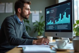 Homme d affaires analysant des données SEO sur un grand écran