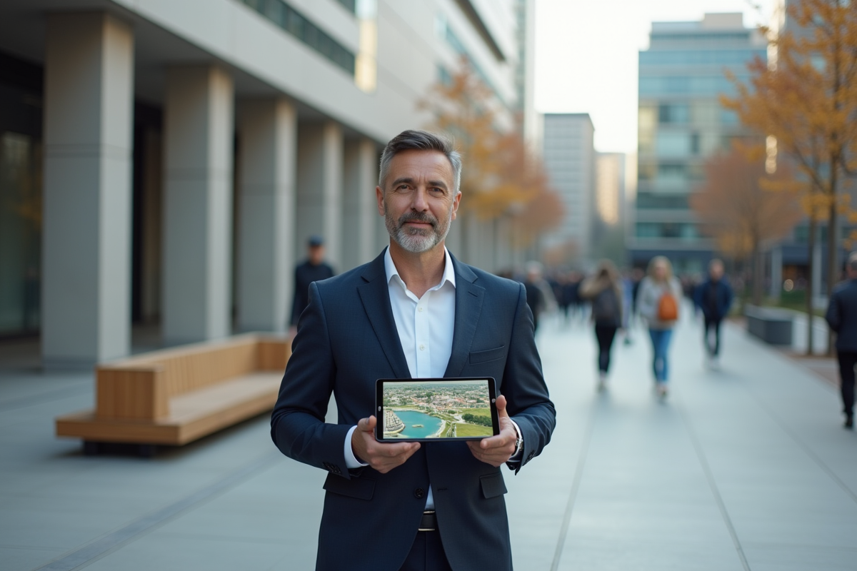 Homme avec tablette dans une place urbaine en ville