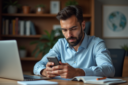 Homme d'affaires vérifiant son smartphone dans un bureau moderne
