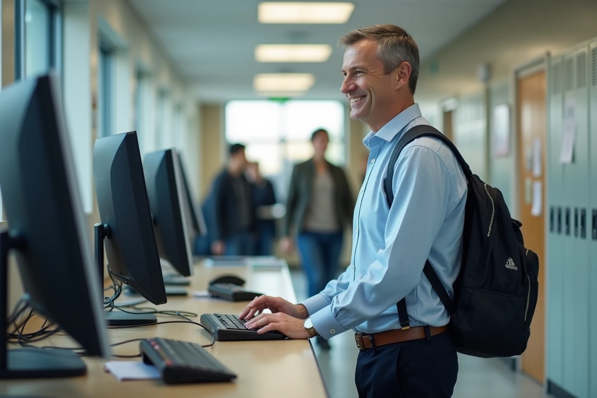 Homme étudiant vérifiant ses emails dans un couloir universitaire