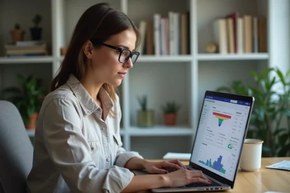 Infopreneure analysant son tableau de bord Systeme.io sur un ordinateur portable dans un bureau à domicile organisé