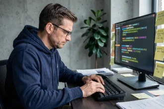 Ingénieur informatique analysant des hash SHA sur son écran dans un bureau technique sombre