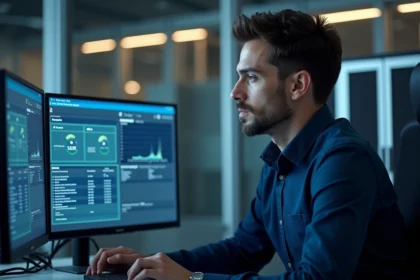 Ingénieur informatique supervisant une migration Citrix sur un poste de travail multi-écrans dans une salle serveur moderne