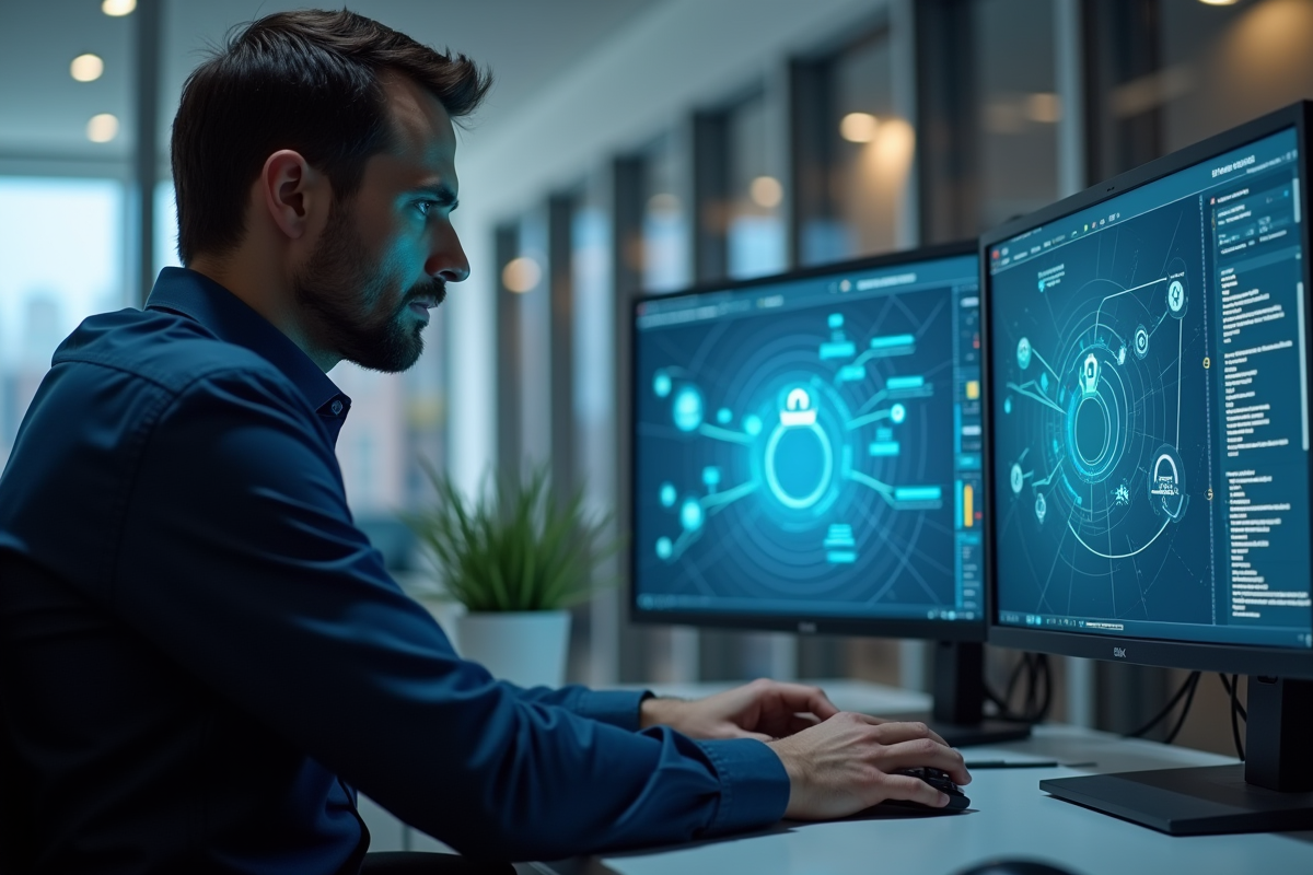 Ingénieur réseau en smart casual examine diagramme BGP