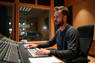 Ingénieur du son au pupitre de mixage numérique dans un studio d'enregistrement professionnel