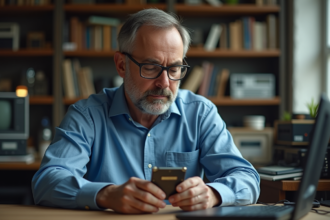 Ingénieur homme tenant un SSD dans un bureau vintage