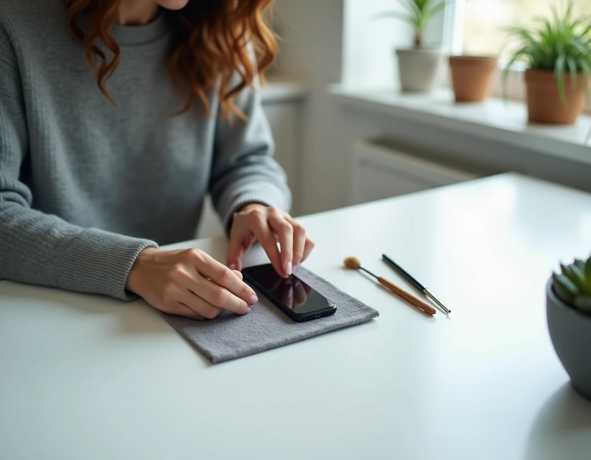 Femme inspectant un Nokia 8800 avec des outils de nettoyage de précision sur une table blanche épurée