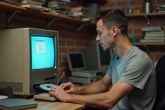 Homme installant des drivers sur un vieux PC de bureau beige avec un CD-ROM dans un bureau encombré