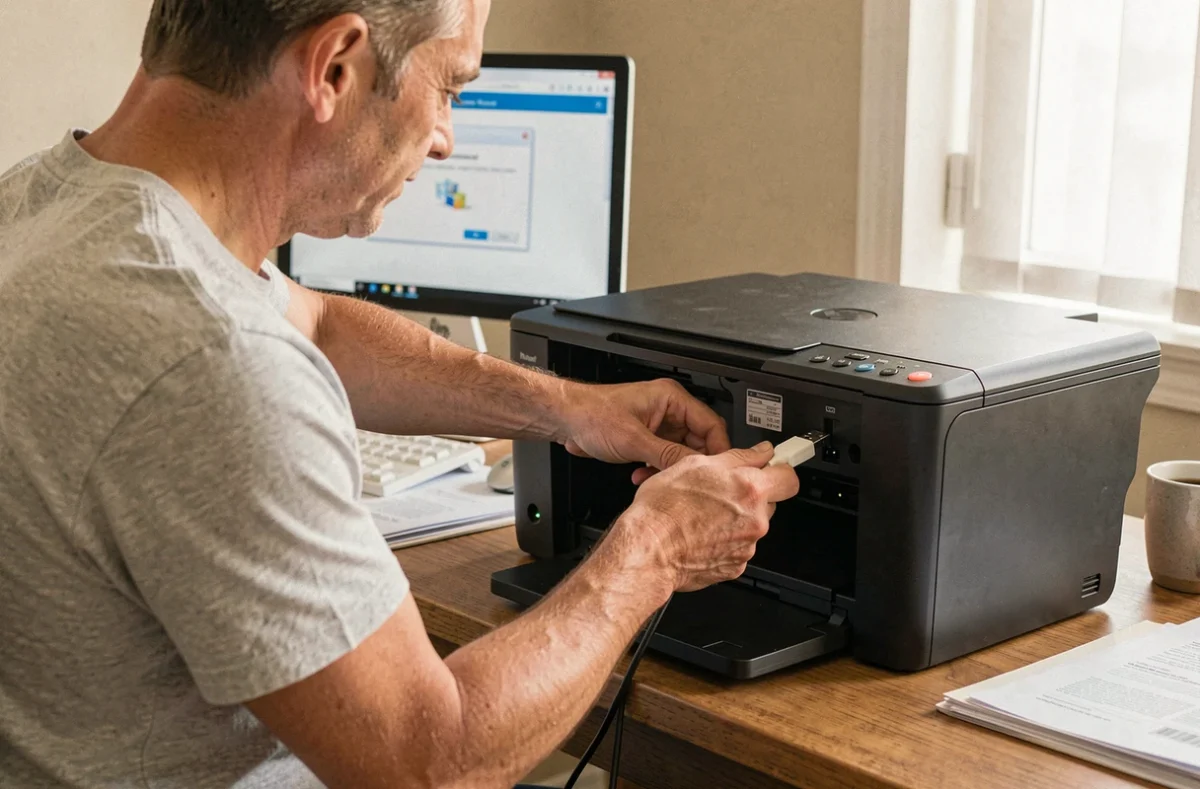 Homme branchant un câble USB sur une imprimante HP dans un bureau à domicile