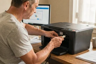 Homme branchant un câble USB sur une imprimante HP dans un bureau à domicile