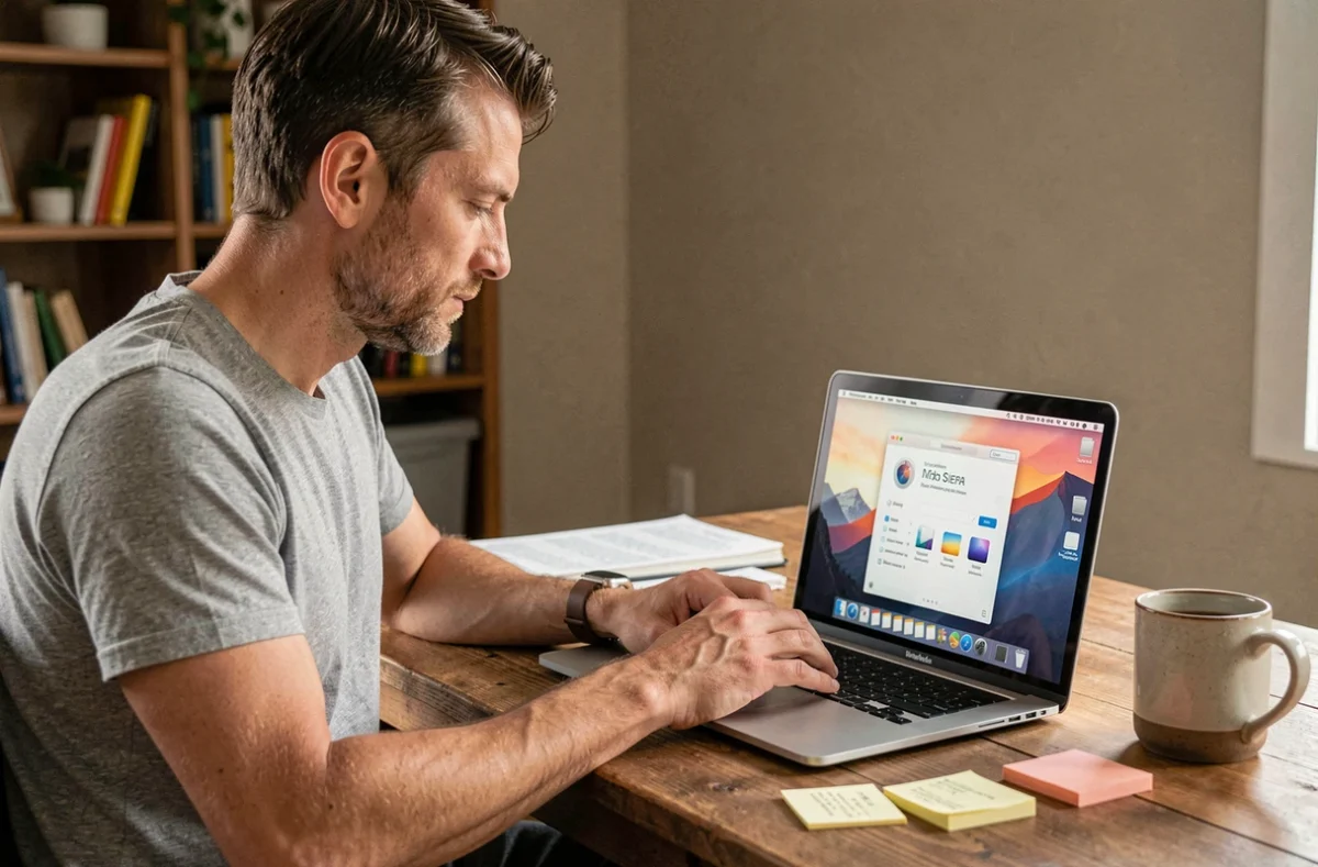 Homme installant macOS Sierra sur un ancien MacBook Pro dans un bureau à domicile