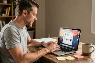 Homme installant macOS Sierra sur un ancien MacBook Pro dans un bureau à domicile