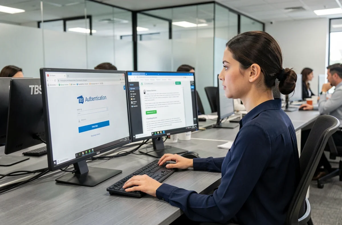 Femme suivant un guide d'installation TBS sur deux écrans dans un bureau professionnel en open space