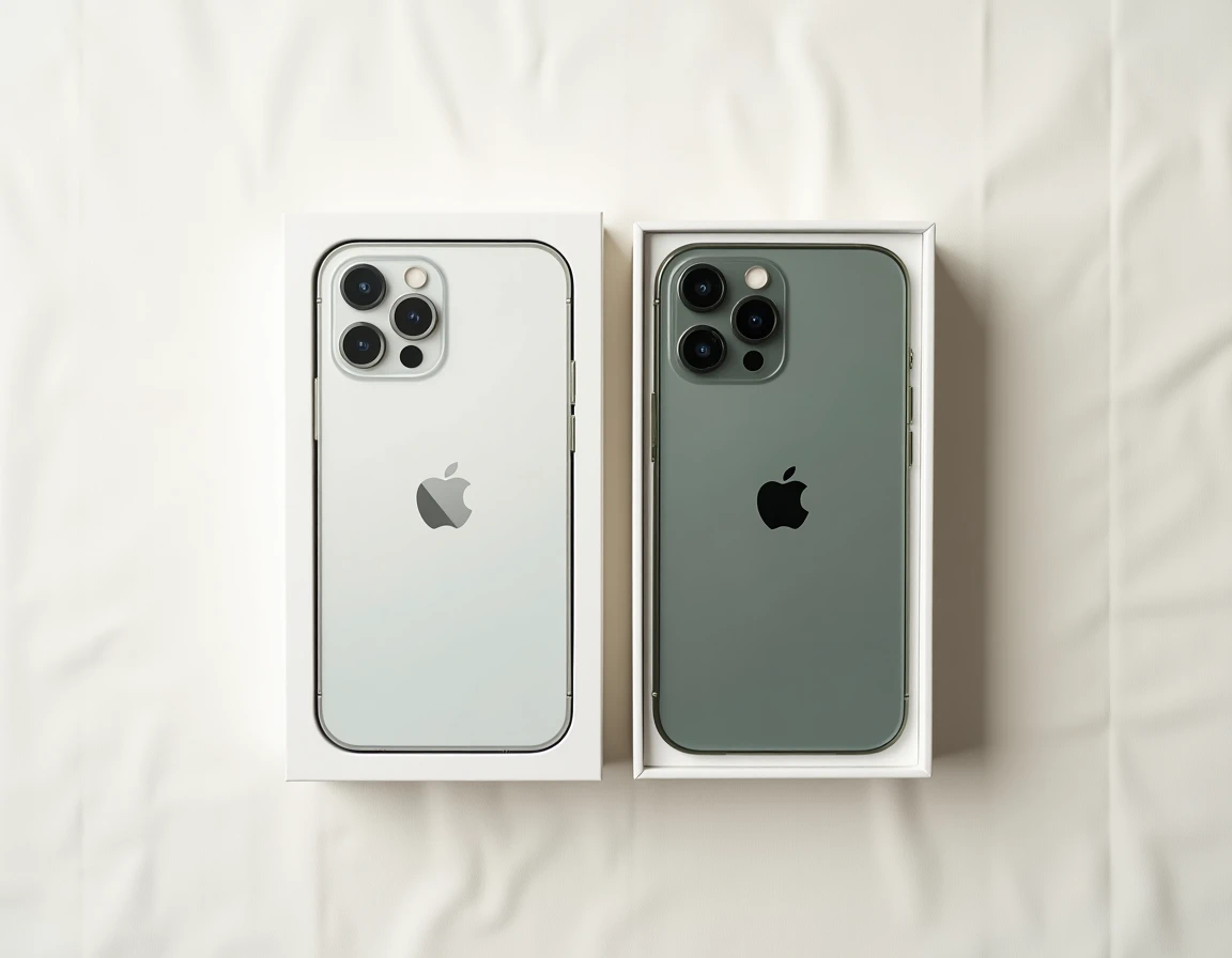 Vue de dessus comparant un iPhone 12 neuf en boîte et un modèle reconditionné avec traces d'usure