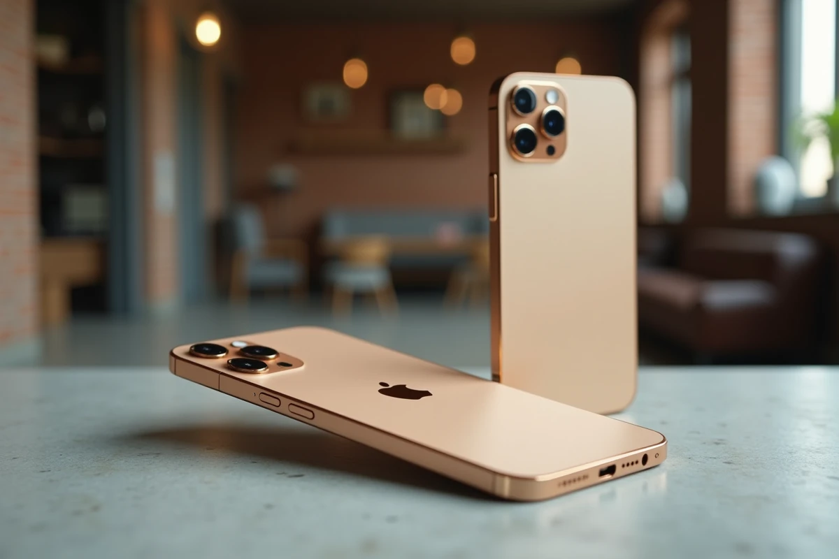 iPhone 14 Pro 128 Go en finition or posé sur béton avec détail du module photo principal