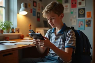 Adolescent curieux examinant un vieux téléphone portable