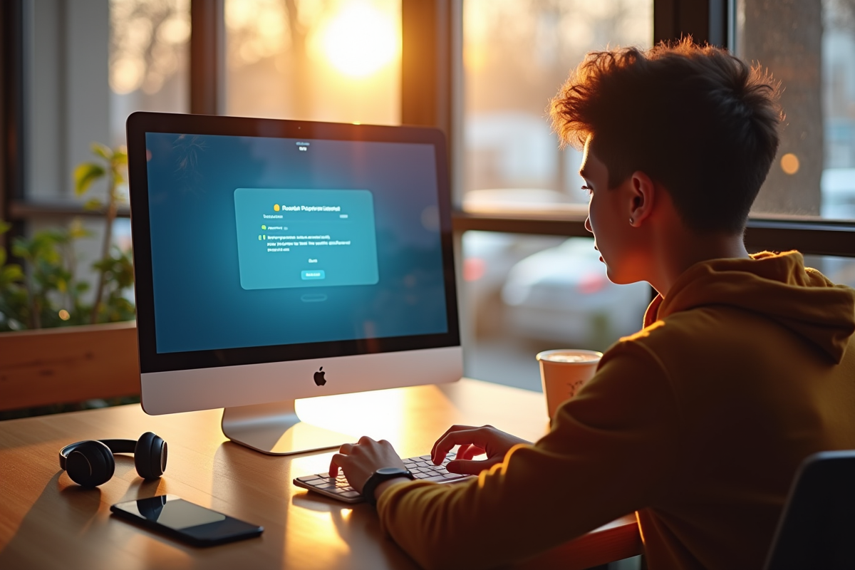 Jeune au café utilisant un PC avec appareils Bluetooth à proximité